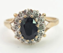 Load image into Gallery viewer, 0147 Vintage: 9ct Gold Australian Blue Sapphire 16 Natural Diamonds Diana Style Cluster Ring
