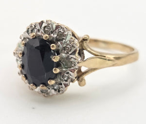 0147 Vintage: 9ct Gold Australian Blue Sapphire 16 Natural Diamonds Diana Style Cluster Ring
