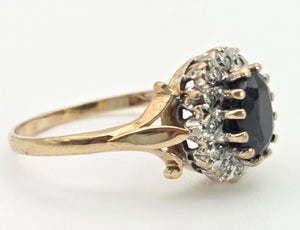 0147 Vintage: 9ct Gold Australian Blue Sapphire 16 Natural Diamonds Diana Style Cluster Ring