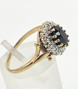 0147 Vintage: 9ct Gold Australian Blue Sapphire 16 Natural Diamonds Diana Style Cluster Ring