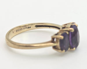 2127 Vintage 9ct Gold Oval faceted Cut Purple Amethysts Trilogy Rinng