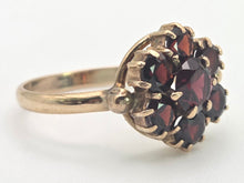 Load image into Gallery viewer, 2129 Vintage; 9ct Gold 7 Rich Red Round Cut Garnets Flower Head Ring
