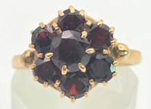 Load image into Gallery viewer, 2129 Vintage; 9ct Gold 7 Rich Red Round Cut Garnets Flower Head Ring

