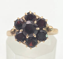 Load image into Gallery viewer, 2129 Vintage; 9ct Gold 7 Rich Red Round Cut Garnets Flower Head Ring

