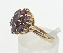 Load image into Gallery viewer, 2129 Vintage; 9ct Gold 7 Rich Red Round Cut Garnets Flower Head Ring
