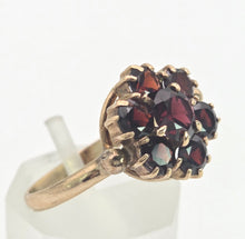 Load image into Gallery viewer, 2129 Vintage; 9ct Gold 7 Rich Red Round Cut Garnets Flower Head Ring
