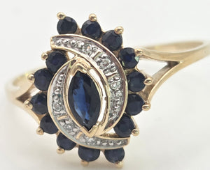 Vintage: 9ct Gold French Blue Sapphires Natural Diamonds Cluster Ring