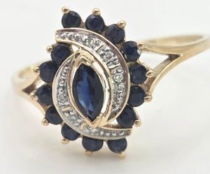 Vintage: 9ct Gold French Blue Sapphires Natural Diamonds Cluster Ring