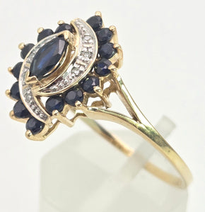Vintage: 9ct Gold French Blue Sapphires Natural Diamonds Cluster Ring