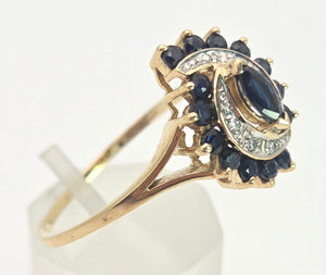 Vintage: 9ct Gold French Blue Sapphires Natural Diamonds Cluster Ring