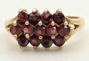 Vintage: 9ct Gold Rich Red Garnets Tiered Cluster Ring- From 1974