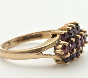 Vintage: 9ct Gold Rich Red Garnets Tiered Cluster Ring- From 1974