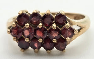 Vintage: 9ct Gold Rich Red Garnets Tiered Cluster Ring- From 1974