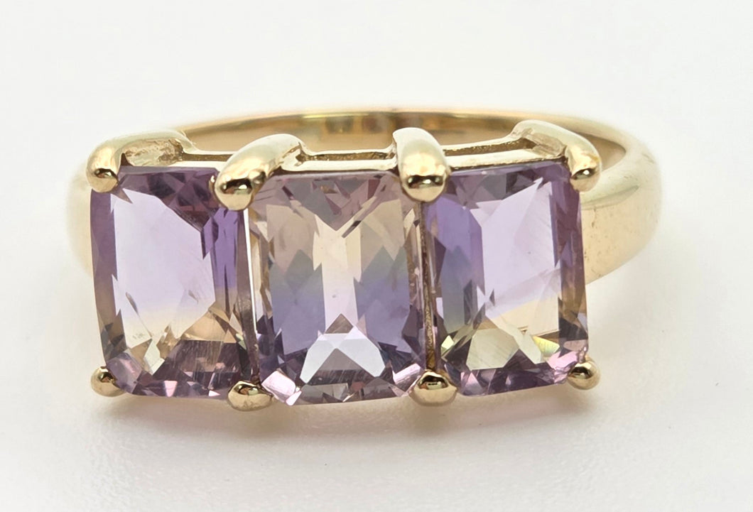 2128 Vintage & Rare: 9ct Gold rectangular Cut Ametrine Trilogy Ring