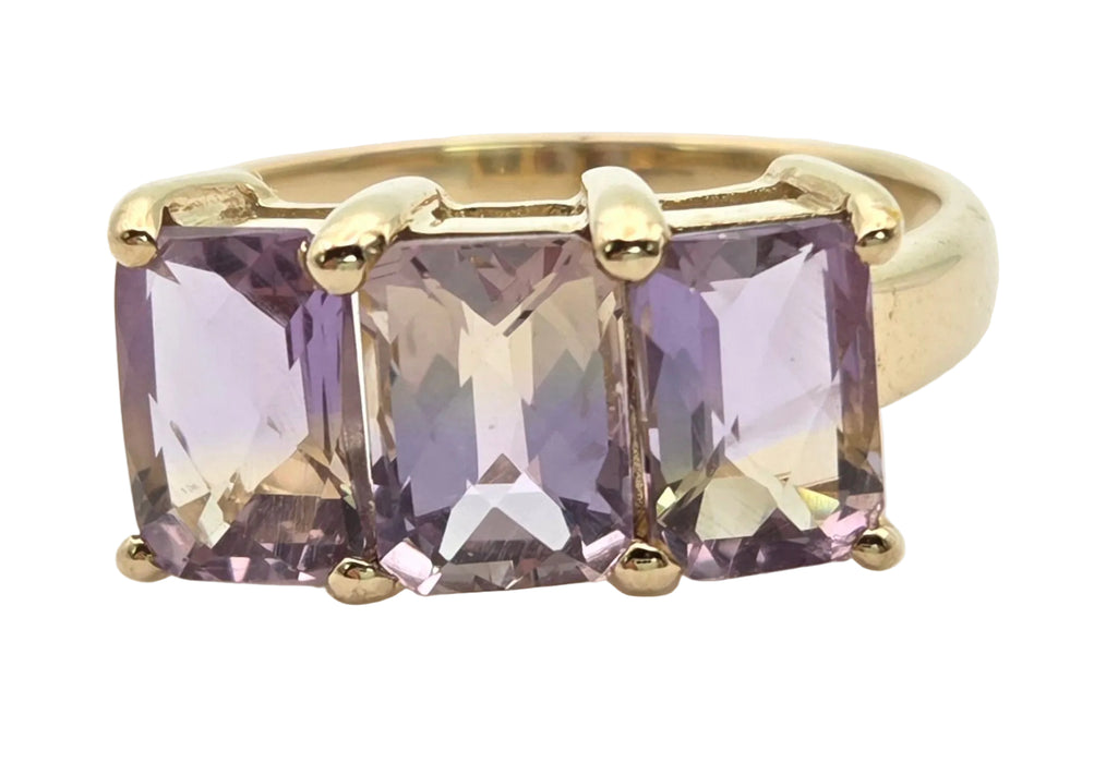 2128 Vintage & Rare: 9ct Gold rectangular Cut Ametrine Trilogy Ring