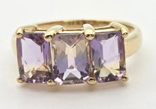 Cargar imagen en el visor de la galería, 2128 Vintage &amp; Rare: 9ct Gold rectangular Cut Ametrine Trilogy Ring
