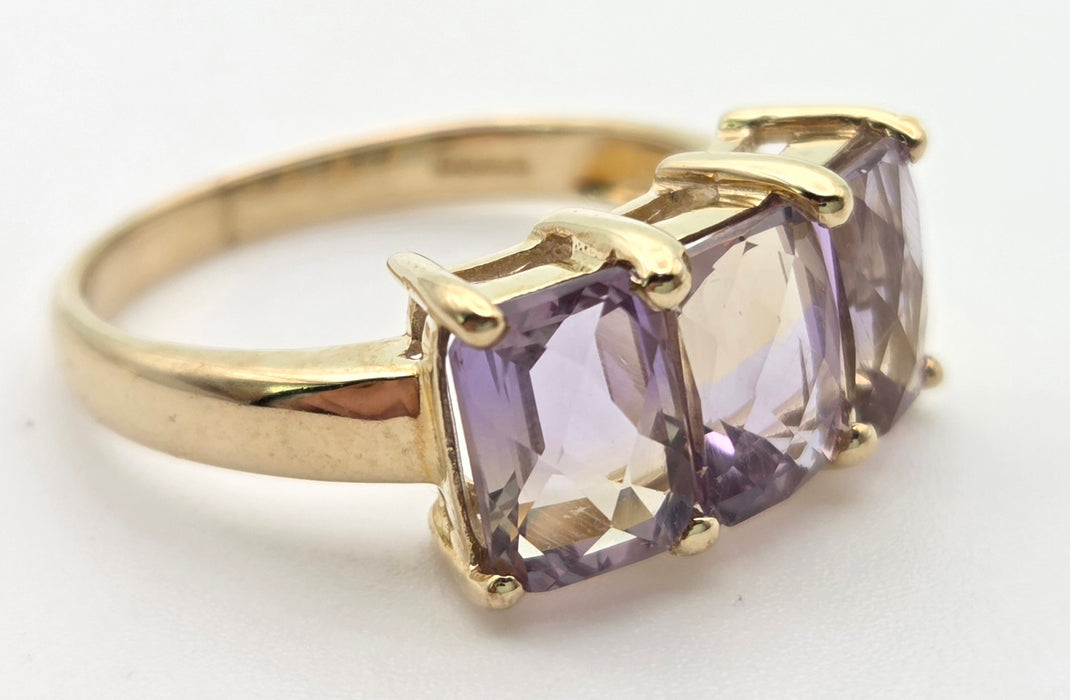 2128 Vintage & Rare: 9ct Gold rectangular Cut Ametrine Trilogy Ring