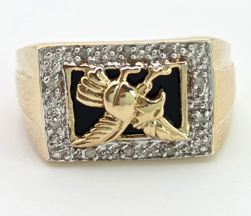 2359 Vintage: Statement 9ct Gold Natural Diamond Golden Eagle Signet Ring