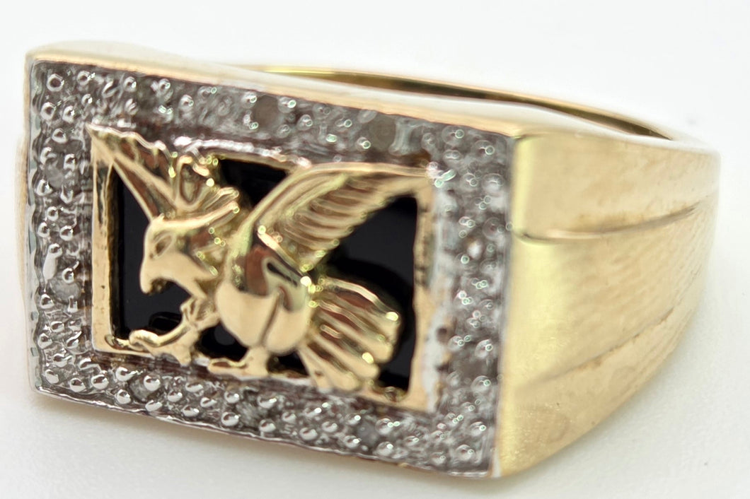2359 Vintage: Statement 9ct Gold Natural Diamond Golden Eagle Signet Ring
