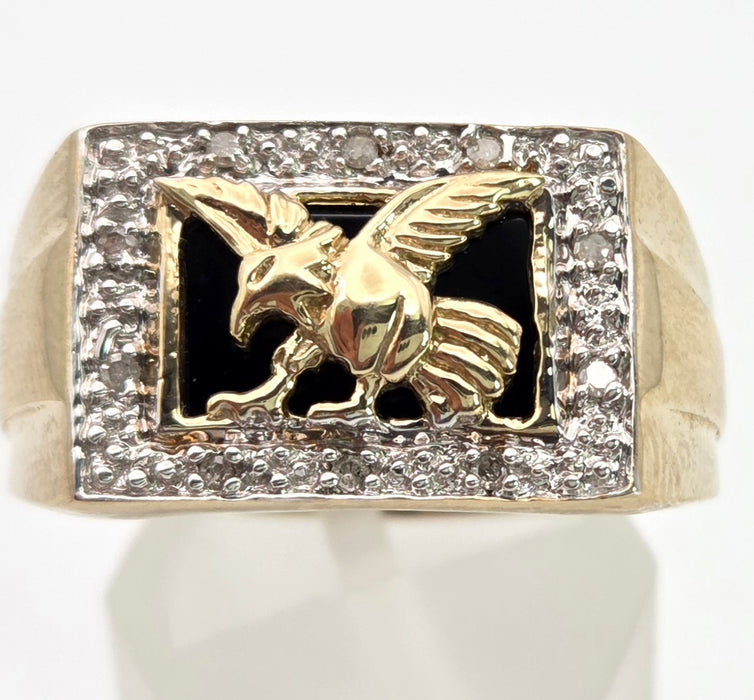 2359 Vintage: Statement 9ct Gold Natural Diamond Golden Eagle Signet Ring