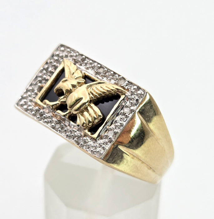 2359 Vintage: Statement 9ct Gold Natural Diamond Golden Eagle Signet Ring