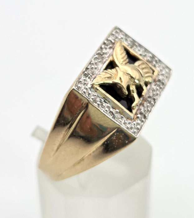 2359 Vintage: Statement 9ct Gold Natural Diamond Golden Eagle Signet Ring