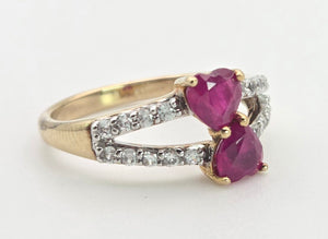 Vintage:  9ct Gold Rubies Glacier Topaz Love Hearts Ring