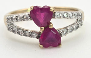Vintage:  9ct Gold Rubies Glacier Topaz Love Hearts Ring
