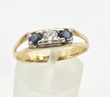 Load image into Gallery viewer, 2415 Vintage: 18ct Gold French Blue Sapphires Natural Diamond 3-Stone Ring
