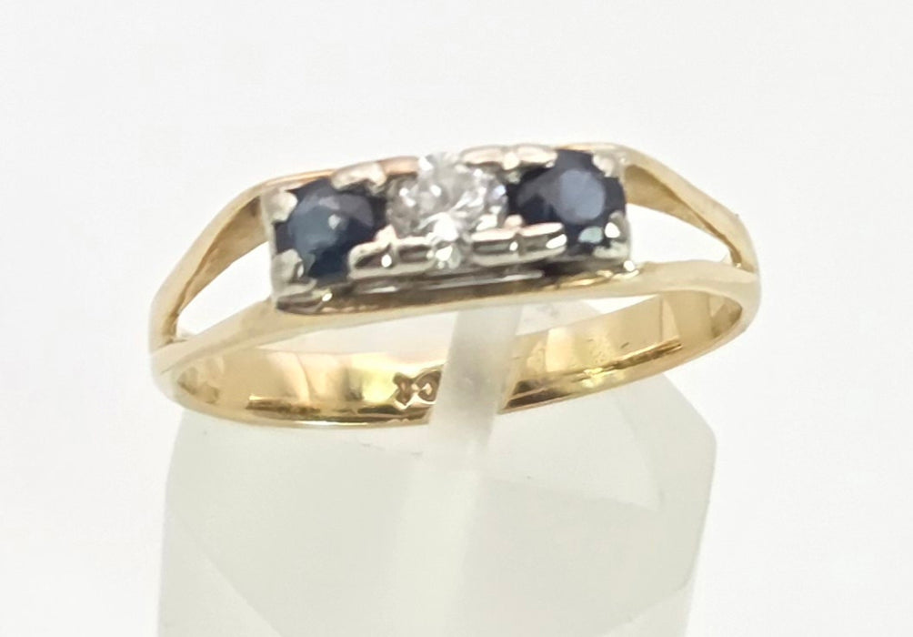 2415 Vintage: 18ct Gold French Blue Sapphires Natural Diamond 3-Stone Ring