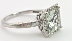 2419 Vintage: 9ct White Gold Mint Green Amethyst 16 Natural Diamonds Cocktail Ring