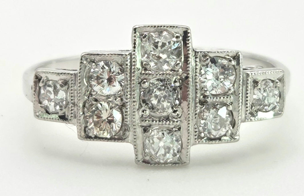 2365 Vintage: 18ct White Gold Natural Diamonds (0.55ct) Geometric Set Art Deco Style Ring