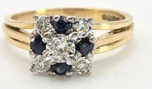 Cargar imagen en el visor de la galería, 2372 Vintage: 18ct Gold Geometric Set Blue Sapphires Natural Diamonds (0.22ct) Ring- From 1969
