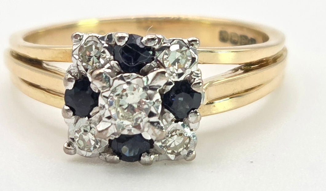 2372 Vintage: 18ct Gold Geometric Set Blue Sapphires Natural Diamonds (0.22ct) Ring- From 1969