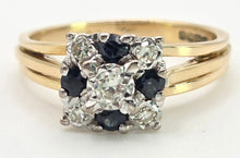 Cargar imagen en el visor de la galería, 2372 Vintage: 18ct Gold Geometric Set Blue Sapphires Natural Diamonds (0.22ct) Ring- From 1969
