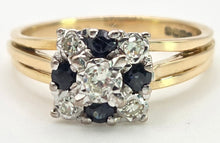 Cargar imagen en el visor de la galería, 2372 Vintage: 18ct Gold Geometric Set Blue Sapphires Natural Diamonds (0.22ct) Ring- From 1969
