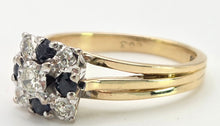 Cargar imagen en el visor de la galería, 2372 Vintage: 18ct Gold Geometric Set Blue Sapphires Natural Diamonds (0.22ct) Ring- From 1969
