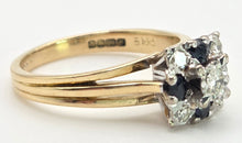 Cargar imagen en el visor de la galería, 2372 Vintage: 18ct Gold Geometric Set Blue Sapphires Natural Diamonds (0.22ct) Ring- From 1969
