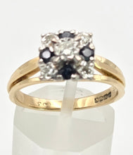 Cargar imagen en el visor de la galería, 2372 Vintage: 18ct Gold Geometric Set Blue Sapphires Natural Diamonds (0.22ct) Ring- From 1969
