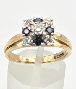 2372 Vintage: 18ct Gold Geometric Set Blue Sapphires Natural Diamonds (0.22ct) Ring- From 1969