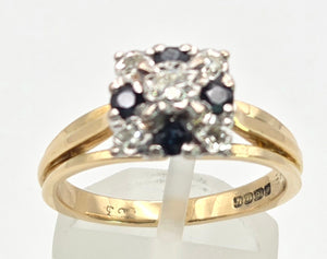 2372 Vintage: 18ct Gold Geometric Set Blue Sapphires Natural Diamonds (0.22ct) Ring- From 1969