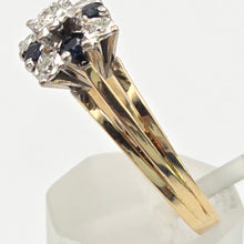 Cargar imagen en el visor de la galería, 2372 Vintage: 18ct Gold Geometric Set Blue Sapphires Natural Diamonds (0.22ct) Ring- From 1969
