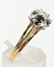 Cargar imagen en el visor de la galería, 2372 Vintage: 18ct Gold Geometric Set Blue Sapphires Natural Diamonds (0.22ct) Ring- From 1969
