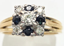 Cargar imagen en el visor de la galería, 2372 Vintage: 18ct Gold Geometric Set Blue Sapphires Natural Diamonds (0.22ct) Ring- From 1969
