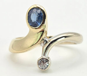 2373 Vintage: 18ct Yellow & White Gold Blues Sapphire Diamond Abstract Ring