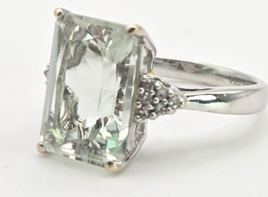 2399 Vintage: 9ct White Gold Pale Green Amethyst 12 Natural Diamonds Cocktail Ring