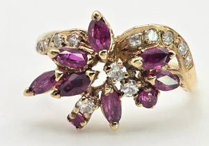 2453 Vintage: 14ct Gold Rubies Diamonds Floral Cluster Ring- From 1972
