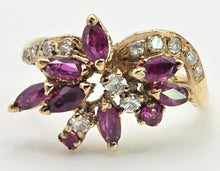 Cargar imagen en el visor de la galería, 2453 Vintage: 14ct Gold Rubies Diamonds Floral Cluster Ring- From 1972
