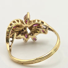 Cargar imagen en el visor de la galería, 2453 Vintage: 14ct Gold Rubies Diamonds Floral Cluster Ring- From 1972
