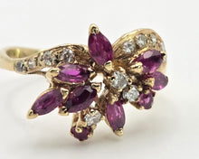 Cargar imagen en el visor de la galería, 2453 Vintage: 14ct Gold Rubies Diamonds Floral Cluster Ring- From 1972
